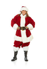 Santa Girl Looks To Camera With Smile With Hands On Hips