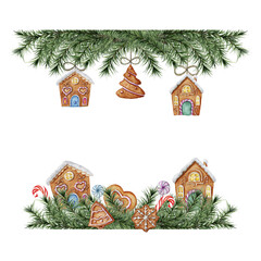 Christmas cookie border, gingerbread man, Spruce branch isolated frame, isolated watercolor border
