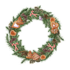 Fototapeta na wymiar Christmas wreath with gingerbread cookies. Watercolor isolated wreath. Winter holiday. Cinnamon, Candy cane, Spruce