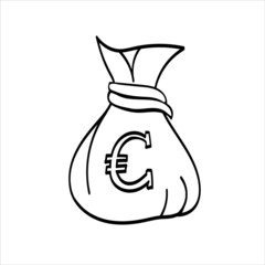 Money bag with euro sign, concert of rich and greed, coloring page monochrome element