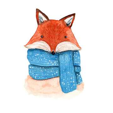 Cute vector watercolor orange fox in striped and snowy blue scarf. Childish cartoon New Year illustration with cheerful animal for greeting card design, banner, sticker, Christmas decoration