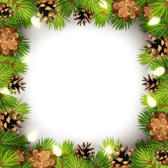 Vector Christmas frame with green fir tree branches, lights and cones.