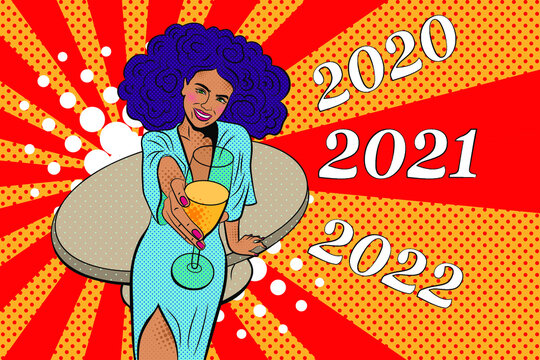 Woman with a glass of champagne. 2021 New Year comic book style postcard or greeting card. Pop art vector illustration. New Year Party comic stile. 
