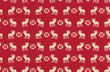 Seamless pattern of Christmas reindeer pixel art on a red background.