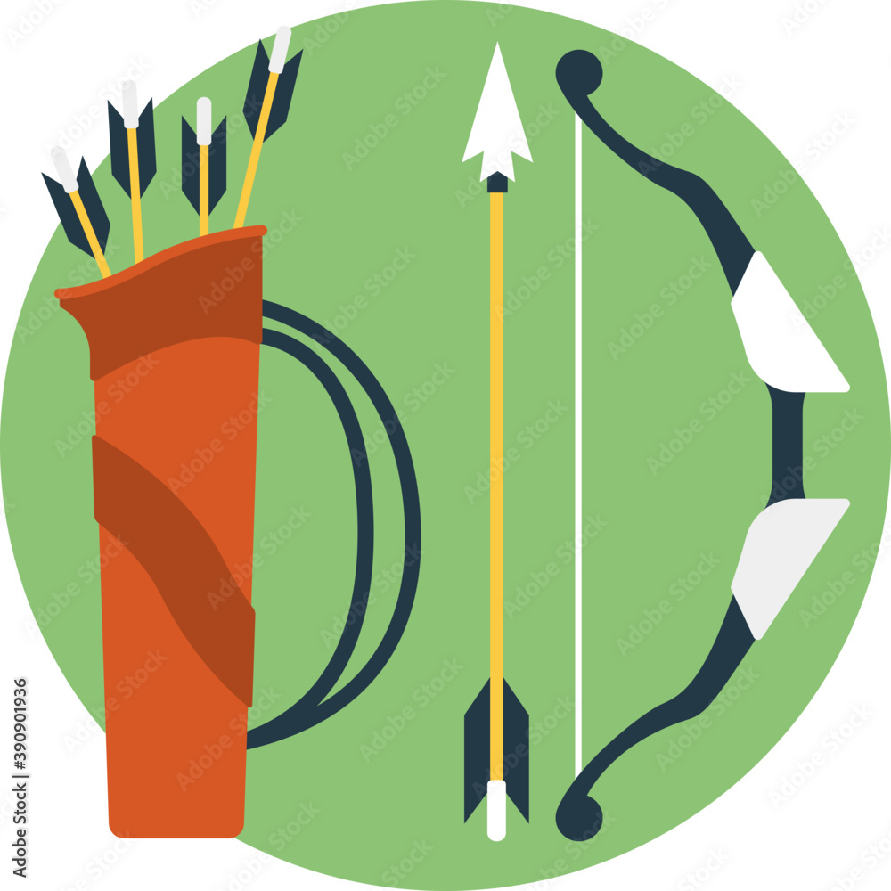 Sticker flat icon archery, bow and arrow