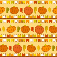 Seamless pattern on the theme of Thanksgiving and Harvest. Hand-drawn pumpkins, autumn leaves and flags. Background in orange colors. Vector illustration