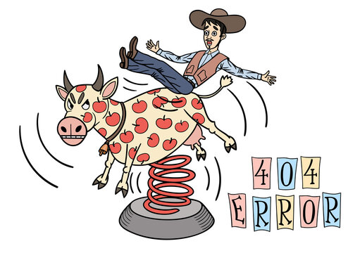 Funny picture for an Internet page for 404 error. Cowboy rides a toy cow.