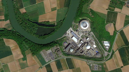 Nuclear Power Plant, looking down aerial view from above, bird's eye view Neckarwestheim Nuclear...