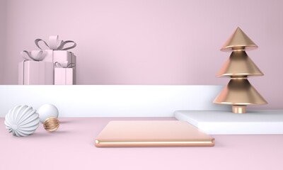 Christmas background with Christmas tree and stage for product display. 3d rendering.