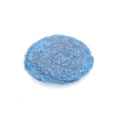Blue steel wool cleaning pad on white.