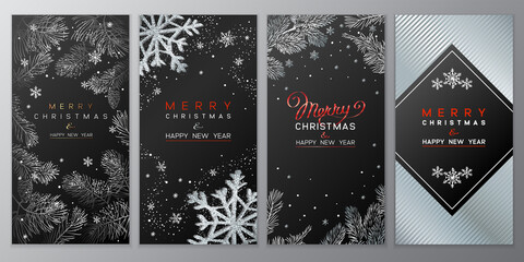 Christmas Poster set on black. Vector illustration of Christmas Background with branches of Christmas tree. - 390904950