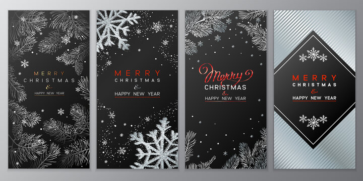 Christmas Poster set on black. Vector illustration of Christmas Background with branches of Christmas tree.