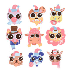 Fototapeta premium Set of new year and christmas cute funny faces - lion, bull, giraffe, cat, deer, dog, bear, panda, fox in cartoon style with big eyes.. Vector flat illustration. Gunny characters for holiday decor.