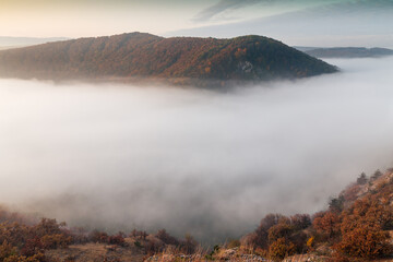 Dense fog floating over the valley in the morning