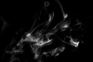 White natural steam hot boil smoke effect on solid black background with abstract blur motion wave swirl use for overlay in vapor cigarette and food