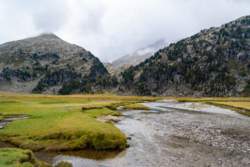 Fototapeta na wymiar Esera river in the Aigualluts planes in the Benasque valley in the Aragonese Pyrenees.