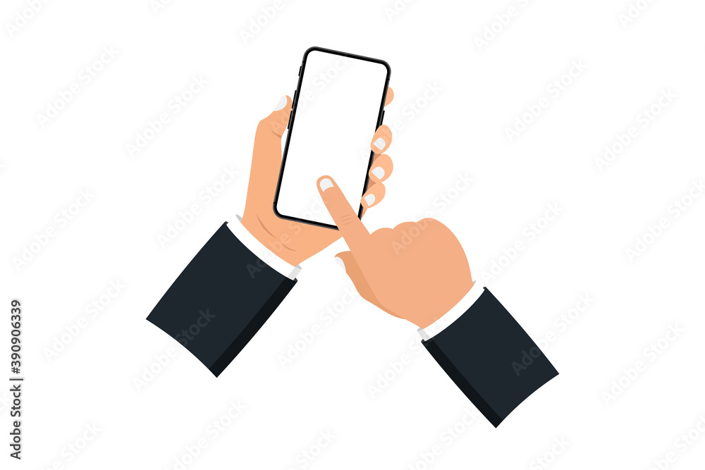 Poster Hand holding smart phone with blank screen on white background. Mobile Phone. Black smartphones with blank screen. Flat style. Set Application Template illustration of a smartphone with white screen