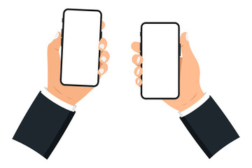 Obraz na płótnie Canvas Hand holding smart phone with blank screen on white background. Mobile Phone. Black smartphones with blank screen. Flat style. Set Application Template illustration of a smartphone with white screen