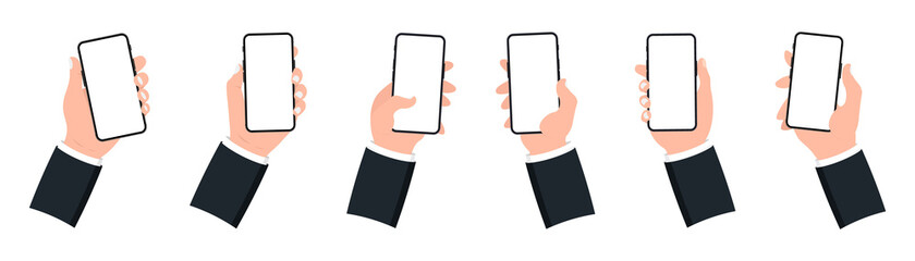 Obraz na płótnie Canvas Hand holding smart phone with blank screen on white background. Mobile Phone. Black smartphones with blank screen. Flat style. Set Application Template illustration of a smartphone with white screen