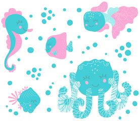 Cute vector set for toddlers of cartoon funny marine inhabitants in the Scandinavian style. Smiling octopus, seahorse and floating fish with bubbles on a white background. Baby`s design clip art.