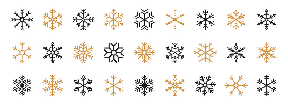 Set of black and gold Snowflakes. Black snowflake vector icon. Snowflakes vector template. Winter Snowflake icons. Winter flat vector decorations elements