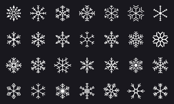 Set of black vector snowflakes. Winter Snowflake icons. Winter christmas snow flake crystal element. Set of Snowflakes simple Thin Line Icons. Flat vector decorations elements template.