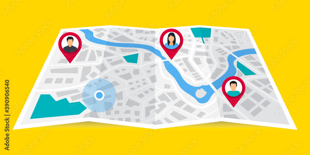 Poster GPS navigator. The concept shares its geolocation with others. Search by geolocation. Tracking the location of a person using a phone. Maps navigation with point markers. Friends locations