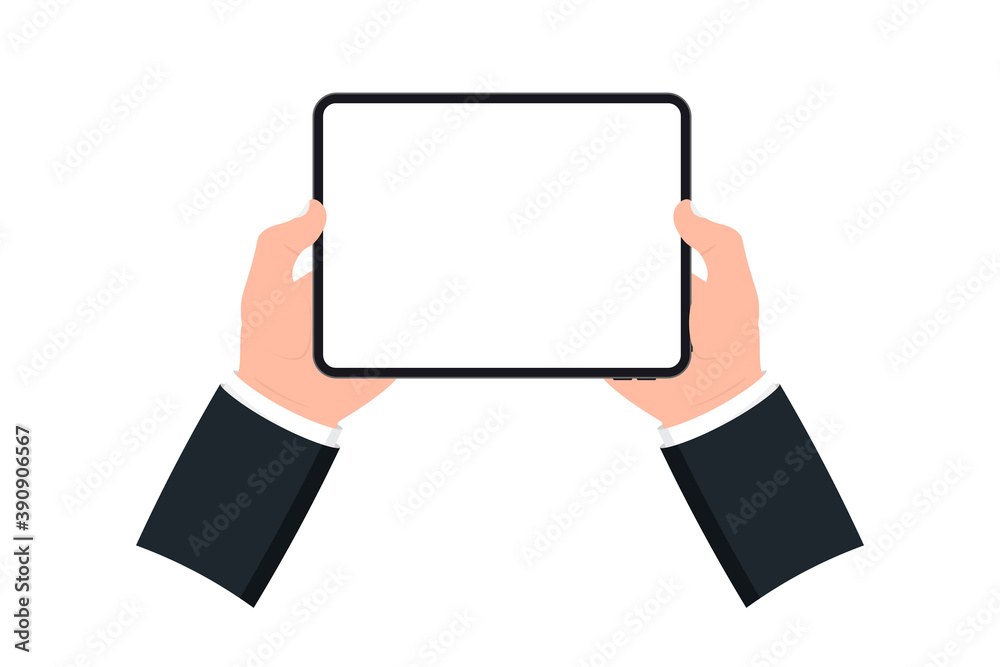 Fototapete hands holding black tablet with blank screen on white background. human hand using digital tablet an