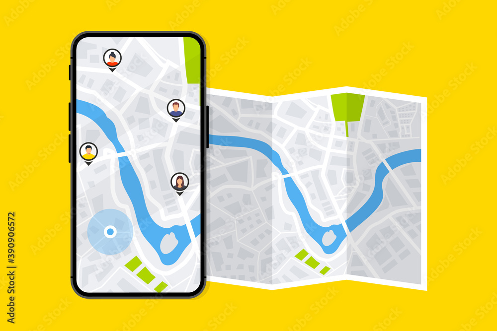 Aufkleber GPS navigator. The concept shares its geolocation with others. Search by geolocation. Tracking the location of a person using a phone. Maps navigation with point markers. Friends locations
