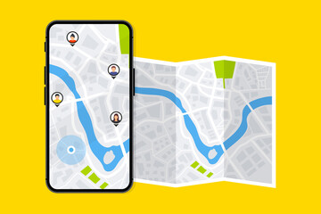 GPS navigator. The concept shares its geolocation with others. Search by geolocation. Tracking the location of a person using a phone. Maps navigation with point markers. Friends locations