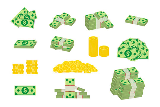 Set a various money bills dollar cash paper bank notes and gold coins. Big pile of cash money and some gold coins. Packed dollar bills. Image elements fo your business. Different banknotes