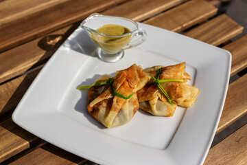 Dish of Russian cuisine. Pancakes with filling, wrapped in the shape of a bag, served with sauce. On a white plate. Close up.