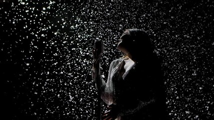 Silhouettes of a beautiful singer with a vintage microphone against the background of falling snow. Snowflakes glisten in studio light. Side view. Slow motion. Close up. - Powered by Adobe