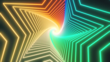 Retro Abstract glowing star tunnel video for edm music animation. Flight sci-fi tunnel seamless loop. VJ motion graphics for music video for club concert, high tech background. 80s Time warp portal