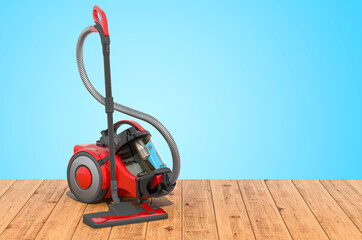 Vacuum cleaner on the wooden planks, 3D rendering