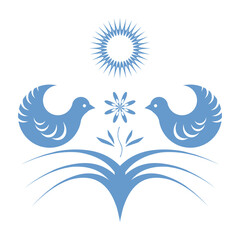 Decorative silhouette of birds flower and sun.