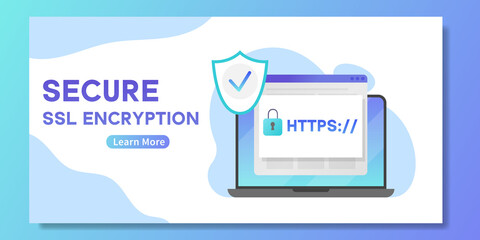 Secure SSL encription banner. Laptop with opened web browser and safety HTTPS - internet communication protocol that protects confidentiality of users data. Concept of online security
