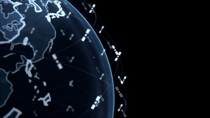 Digital earth data globe - abstract 3D rendering satellites starlink video network connection the world. satellites create oneweb or skybridge surrounding planet conveying complexity big data flood