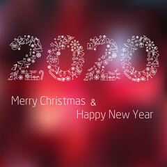 Happy New Year background 2020. Calendar template. The colorful, hand-drawn paper typeface on celebration background. Greeting card.