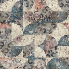 Chic formal grungy geometric shapes texture seamless pattern. High quality illustration. Strange abstract geo design in a trendy posh exotic style. Grainy fabric texture overlay.
