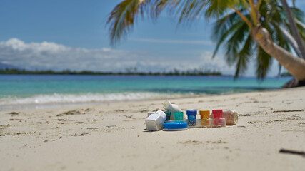   Different types of plastic garbage found on paradise uninhabited islands of archipelago San Blas, Panama                                