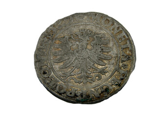 medieval european silver coin on white background