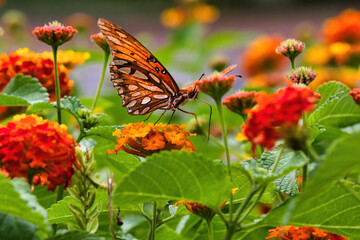 Side view from slightly below of a gulf fritellary butterfly.