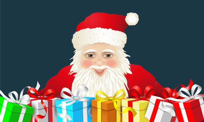 Weihnachtsmann mit viele Geschenke vor sich,
Weihnachtsmann Portrait,
Vektor illustration isoliert auf weißem Hintergrund
