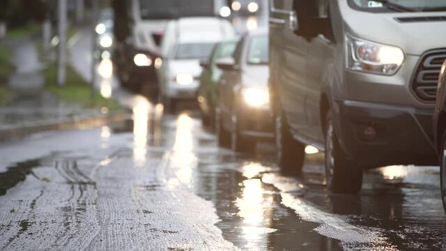 Heavy traffic on the roads in the rain.