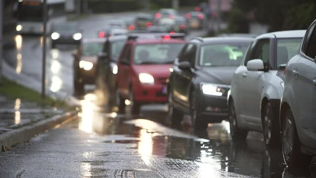 Heavy traffic on the roads in the rain.