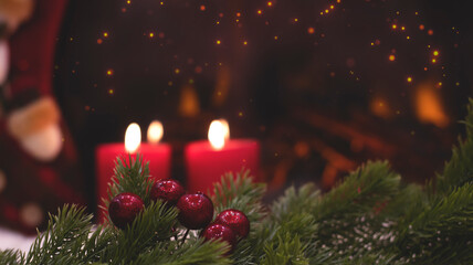 New Year's festive background with Christmas balls, Christmas garland, fireplace and red candles.