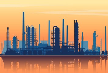 Fototapeta na wymiar Oil refinery or chemical plant silhouette on sunset background. Vector illustration.