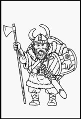 Viking with ax for coloring. Vector template for children.

