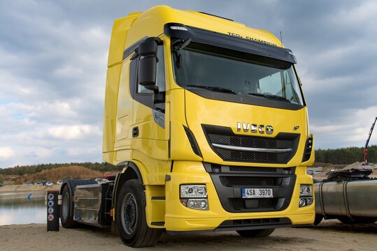 Iveco truck in the sandpit. Tractor Stralis NP 400. 10-26-2018, South Moravia, Czech Republic.
